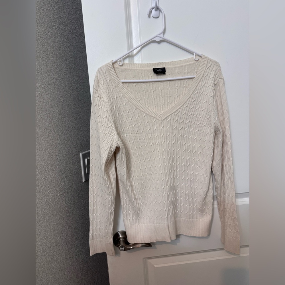 Talbots Ivory Cable Knit V-Neck Sweater